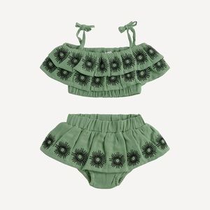 2-PIECE DOUBLE RUFFLE SUN EMBROIDERED SUNSUIT | MISTLETOE | ORGANIC COTTON GAUZE